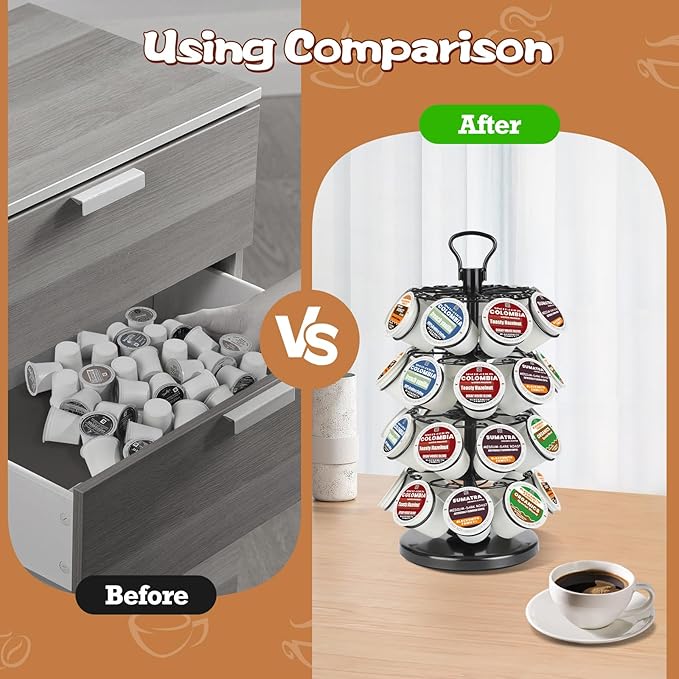 K Cup Holder, K Cup Carousel, Coffee Pods Storage Organizer Stand (Black, 32 Pods Capacity K/D Design)