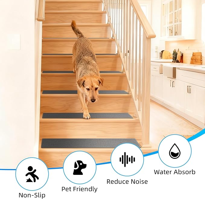 Art3d Stair Treads for Wooden Steps 15Pcs, 8" X 30" Non Slip Stair Runner Rugs with Reusable Adhesive for Elders Kids and Dogs, Machine Washable Peel and Stick Stair Treads Carpet, Gray