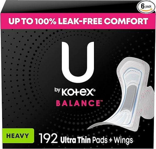 U by Kotex Clean & Secure Ultra Thin Pads with Wings, Heavy Absorbency, 192 Count (6 Packs of 32) (Packaging May Vary)