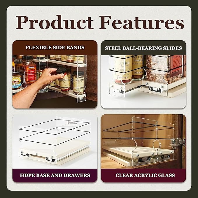 Vertical Spice - Large Pullout Sliding Spice Rack Organizer - 2 Individual 2 Tier Drawers - Premium Rolling Seasoning Holder/Caddy for Hidden Pantry Storage - Made in USA (6.9''W x 10.75" H x 10.6''D)