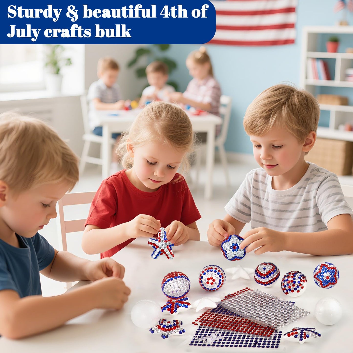 18 Set 4th of July Crafts Activities Kits Patriotic DIY Glitter Foam Star Ball Ornaments Independence Day Decorations Red White Blue Gem Stickers Memorial Day Art Set for Party Supplies Favor