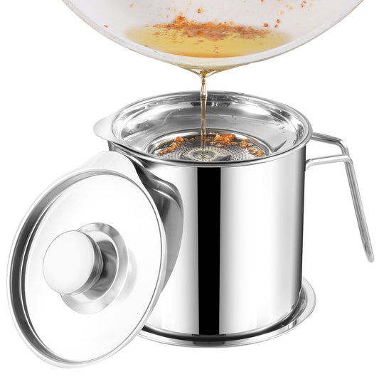 DIY HOME Bacon Grease Container, 1.8L / 61fl oz Cooking Oil Storage Strainer Oil Filter with Fine Mesh Strainer 304 Stainless Steel Grease Can for Kitchen Fat Storage