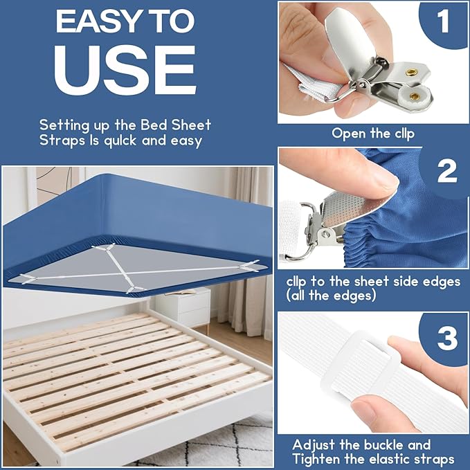 CHRORINE Bed Sheet Holder Straps Adjustable Sheet Fasteners Clips Keep Bedding Stays in Place, 2 Pcs/Set, White