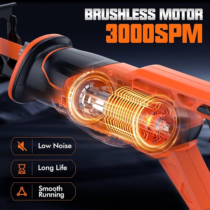 Reciprocating Saw Cordless with 8 Blades: 2 x 4.0Ah Battery, Brushless Motor 3300 RPM, Cordless Reciprocating Saw Kit for Wood PVC Metal Tree Bone Cutting DIY (Orange)