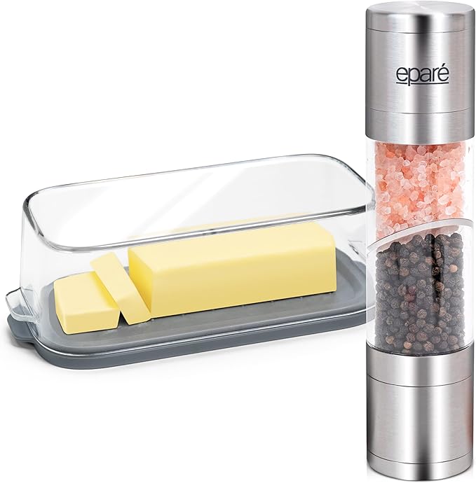 Eparé Bundle: Salt and Pepper Grinder Combo & Large Butter Dish With Lid For Countertop - Refillable Peppermill Grinders & BPA-Free Butter Keeper - Counter Dishes For Soft Butter Storage