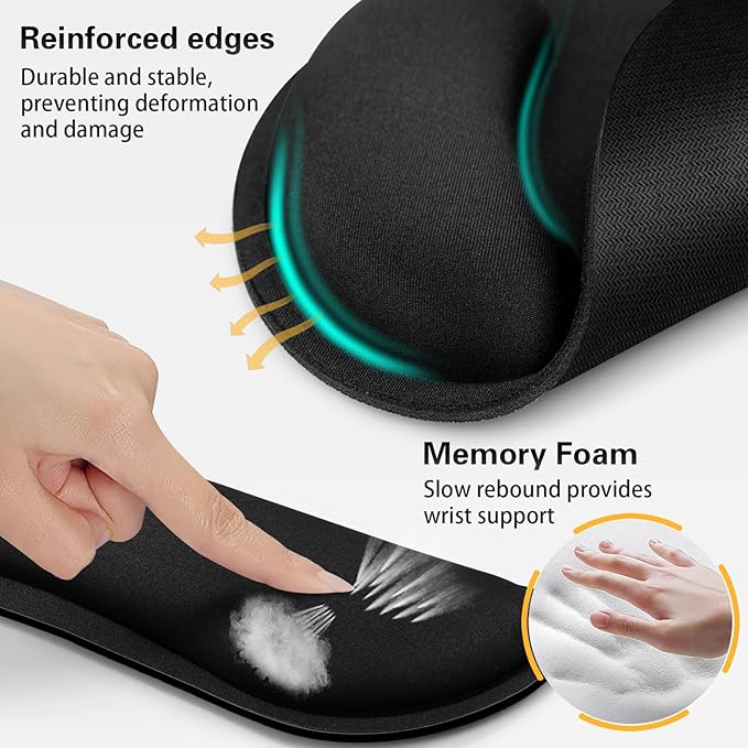 Mouse Pad Black, Ergonomic Keyboard Wrist Rest, Mouse Pad with Wrist Rest Black, Gaming Mousepad with Wrist Support, Memory Foam Wrist Rest Set for Computer Keyboard, Office Desk Accessories