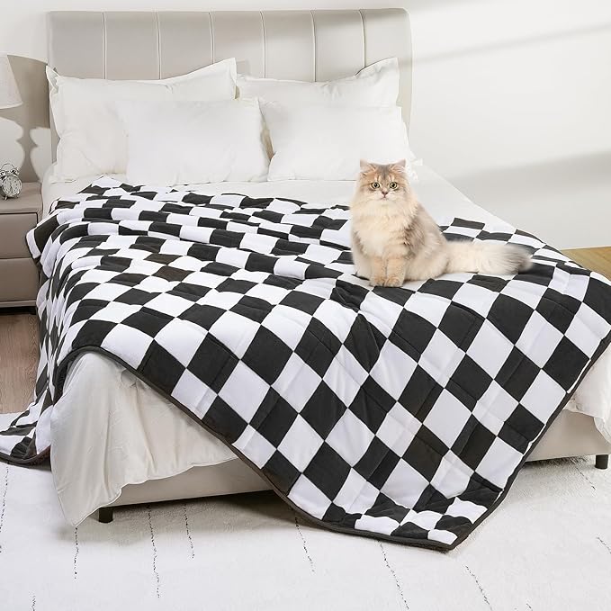 Weighted Blanket for Adults, 10lbs Sherpa Flannel Weighted Blanket Full Size, Soft Fluffy Fleece Checkerboard Weighted Blankets for Calming and Relax, Plaid Black, 48" x 72"