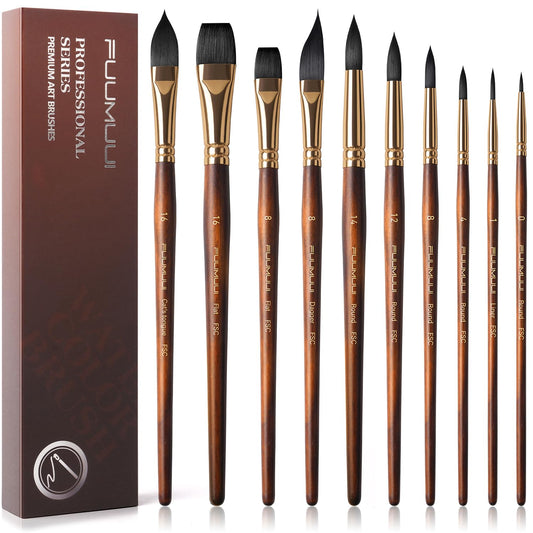 Watercolor Brushes Professional, Fuumuui 10Pcs Synthetic Squirrel Hair Water Color Paint Brush Set for Artists - Flat, Round Pointed, Dagger, Cats Tongue Oval Wash for Watercolor Gouache Inks Painting