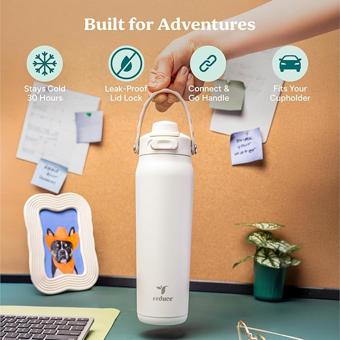REDUCE Aura Vacuum Insulated 26 oz Water Bottle - Leak-Proof & Chug Spout for Quick Hydration - Keeps Drinks Cold for 30 Hours - Removable Handle for Travel or Gym - Soft Sit Base - Phantom