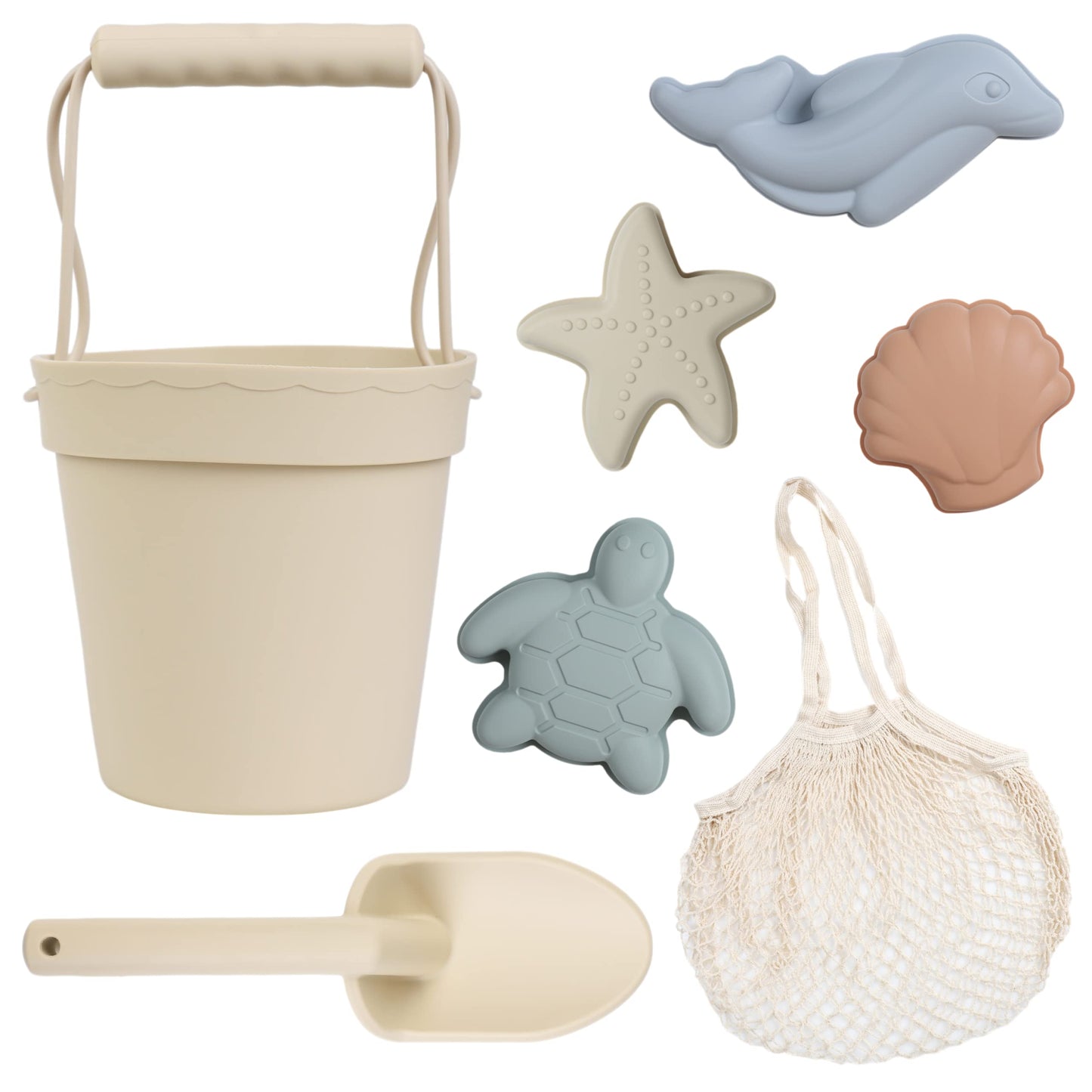 BLUE GINKGO Silicone Beach Toys - Modern Baby Beach Toys | Travel Friendly Beach Set | Silicone Bucket, Shovel, 4 Sand Molds, Beach Bag | Silicone Sand Toys for Toddlers, Kids - Beige