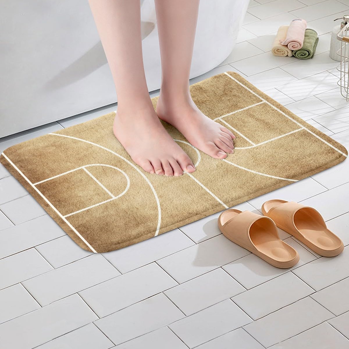 Feelyou Basketball Polyester Bath Rug Vintage Basketball Court Print Soft Fleece Door Carpet for Kids Boys Girls Ball Sports Non Slip Bath Mat Ball Games Bathroom Floor Indoor Doormat,20x32 Inch