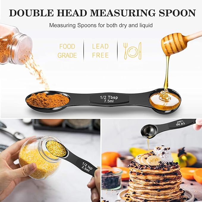 Wildone 21 Piece Black Measuring Cups & Spoons, Includes 7 Stainless Steel Measuring Cups, 8 Double Sided Measuring Spoons, 1 Leveler & 5 Mini Spoons