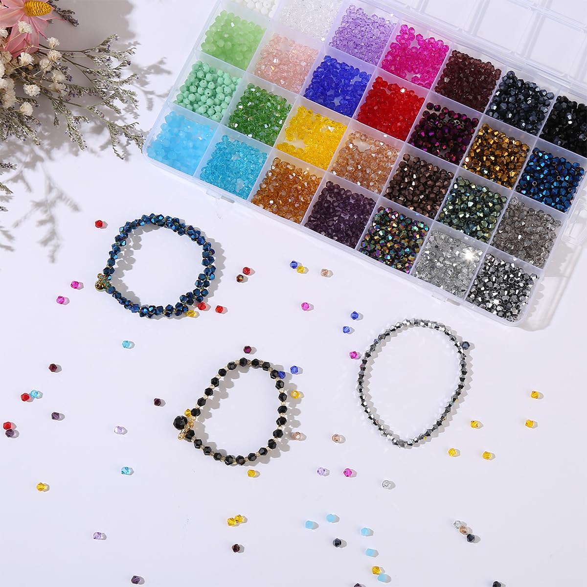 2800pcs Electroplated Tapered Crystal Beads Jewelry Making Kit -Sparkly Beads for Bracelet Making Kit 28 Colors 4mm Crystal Glass Beads Bracelet Necklace Making Kit DIY Crafts, Gifts for Adults Women