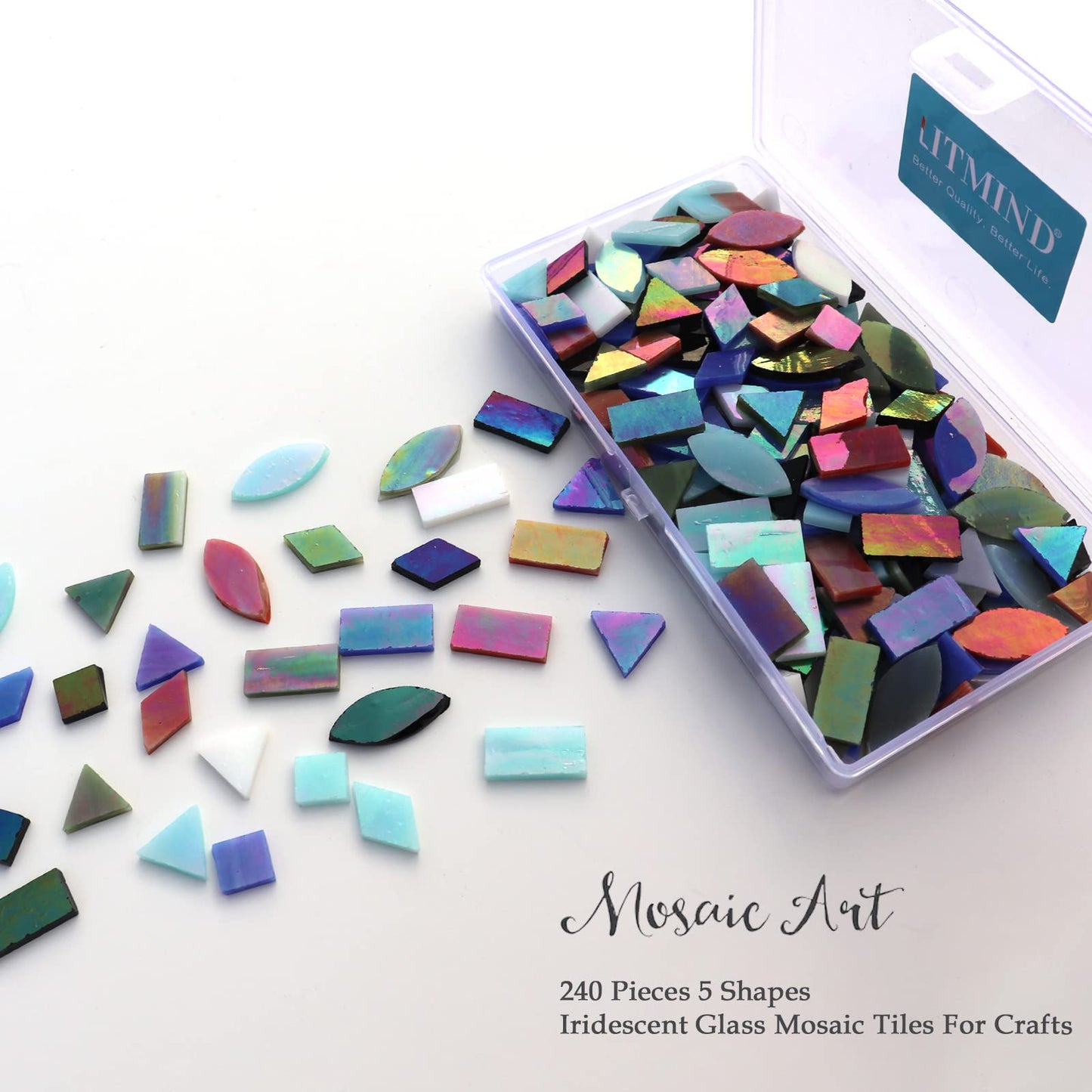 LITMIND Iridescent Glass Mosaic Tiles for Crafts, 240 Pieces 5 Shapes Mixed Stained Glass Sheets, Mosaic Kits for Adults (Iridescent Mix)