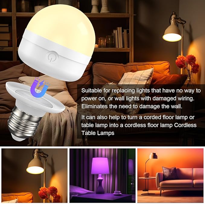 2Packs E26 Rechargeable Light Bulbs with Remote, 6W 450lm Battery Operated Magnetic Light Bulbs 2500mAh, 15 RGB Color, Timer, Dimmer for Non-Hardwired Lamp