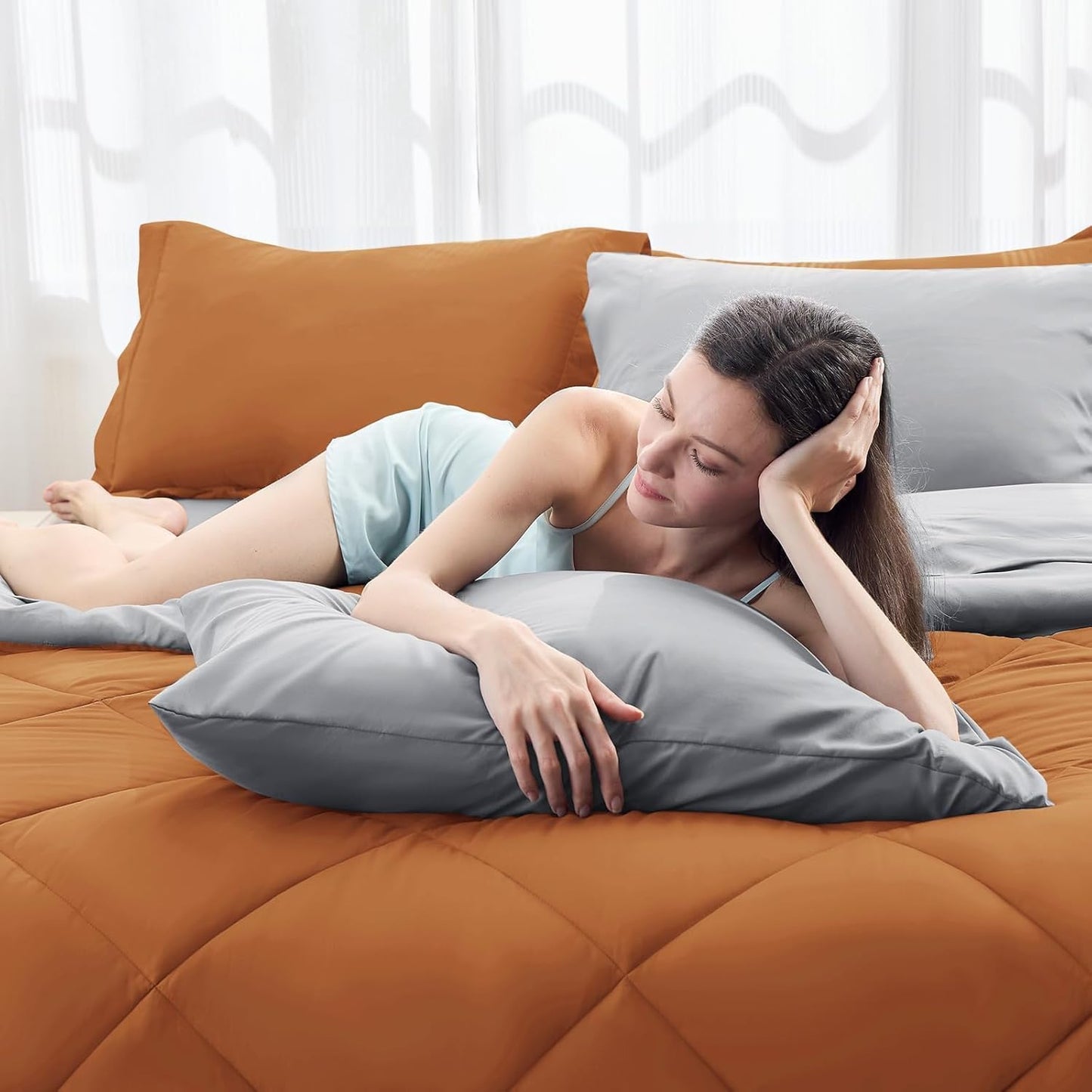 HEVUMYI Cali-King Comforter Set - 7-Piece All Season Bed in a Bag Cali-King, Ultra Soft Bedding Set with Comforter, Flat Sheet, Fitted Sheet, Pillowcases, Pillow Shams, Orange & Light Grey