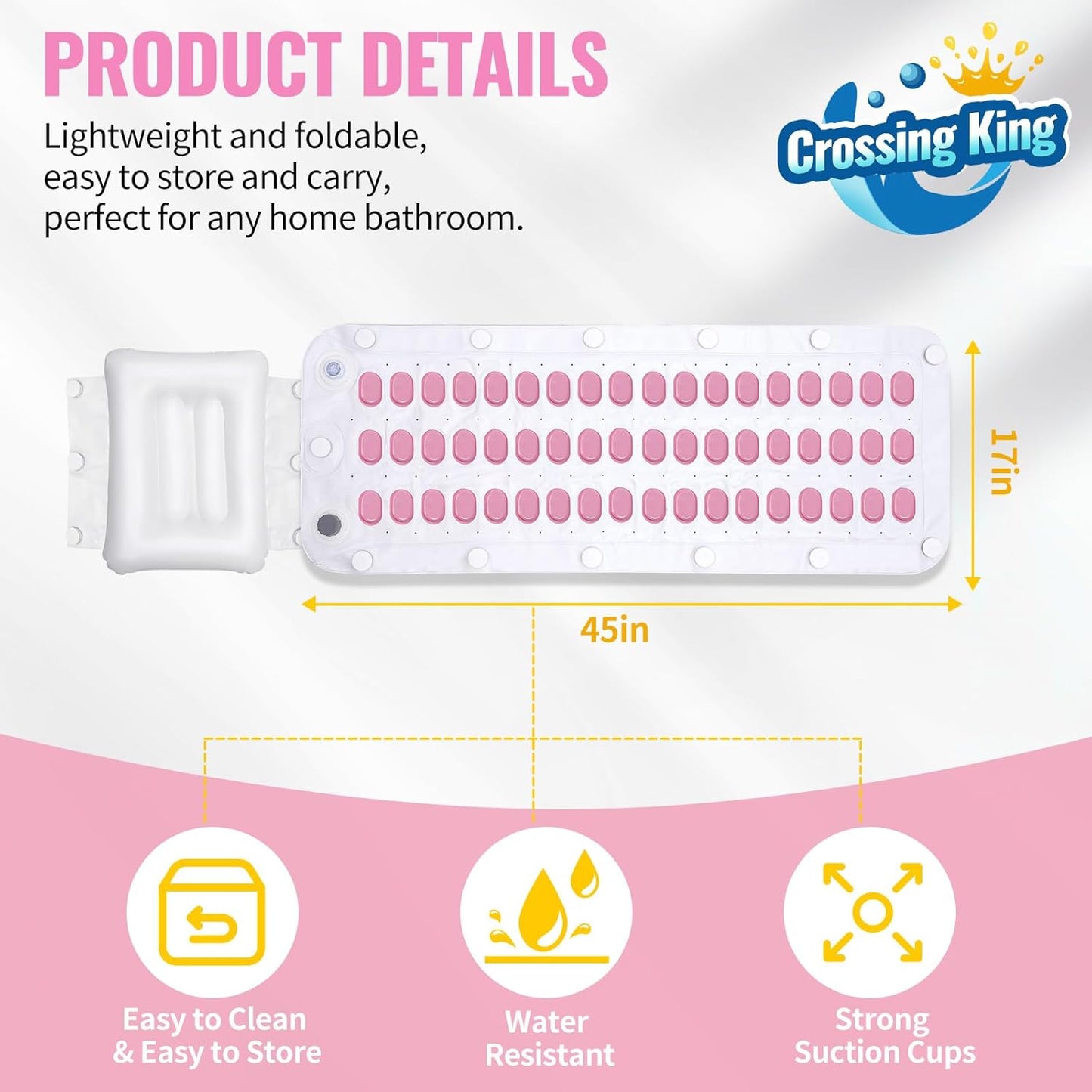 Bubble Bath Mat Tub Spa Massager, Portable Spa Bubble Bath Massager with Upgraded Powerful Suction Cup, Electric Air Pump, Pillow and Remote Control for Relaxation 45 * 17in (Pink)