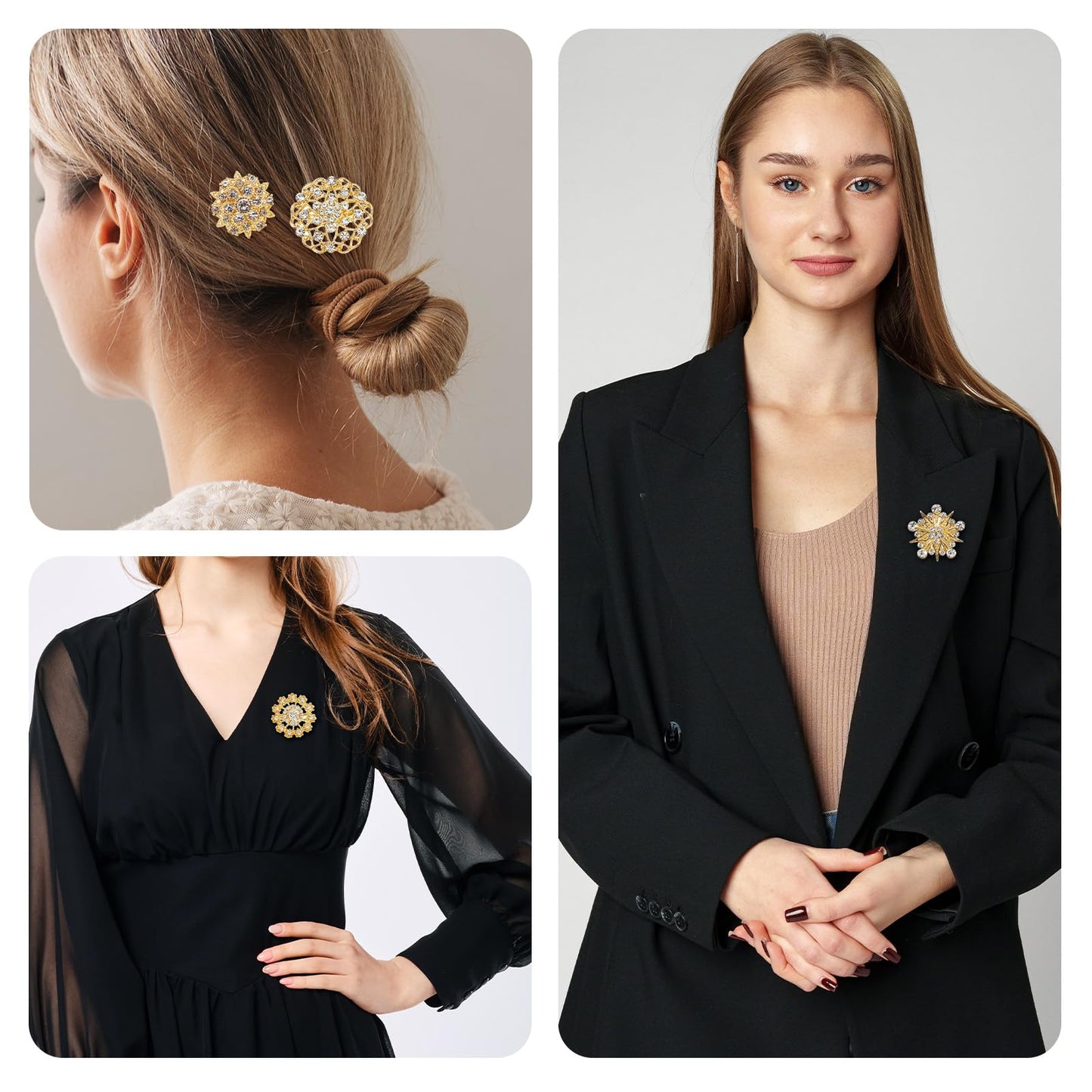 Gold Bouquet Pins Set, 36 PCS Rhinestone Flower Brooches & 100 PCS Crystal Stick Pins for Wedding Bouquet, Corsage, Boutonniere, DIY Craft Embellishments, Wedding Decor Supplies