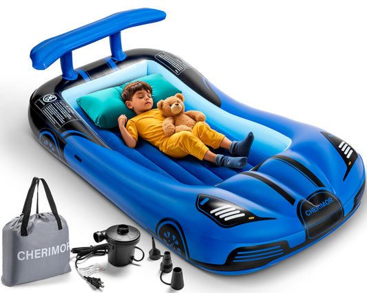 CHERIMOR Inflatable Toddler Travel Bed with Safety Bumpers & 2 Mins Auto Inflation Pump, Portable Toddler Kids Air Mattress with Carry Bag for Home Grandma's Sleepovers Travel Camping, 330lbs Support