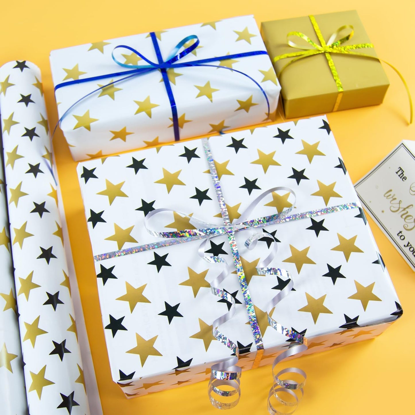 HimBen Gift Wrapping Paper 12 Sheets, Folded Flat Gift Wrap Paper for Presents, Kids, Boy and Girl, 20 x 29” Per Sheet - Gold Black Stars