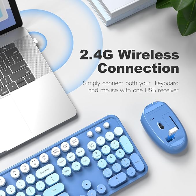 Wireless Keyboard Mouse Combo, Typewriter Full Size Keyboard with Number Pad and 2 in 1 USB Connected Mouse for Windows 7/8/10, Laptop, Desktop, PC, Computer (Blue)