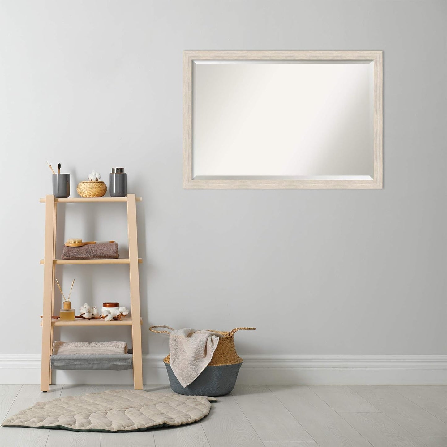 Amanti Art White Bathroom Mirror for Over Sink, 27x39 Hardwood White Wash Narrow Rectangle Vanity Mirror, Large Rustic Farmhouse Wood Frame, Hangs Horizonally and Vertically, Bathroom Wall Decor