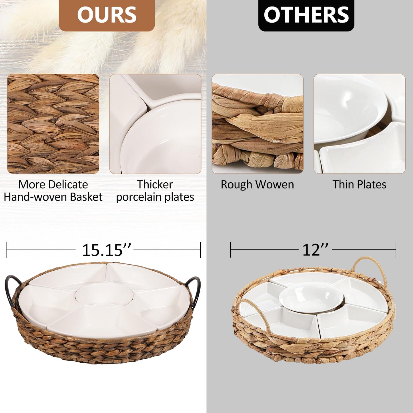 Serving Tray and Serving Dishes, RANDEFURN 7-Set Gold Platters for Parties,15.5 x 15.5 inches, Divided Serving Trays & Platters, Portable Handle,Gold