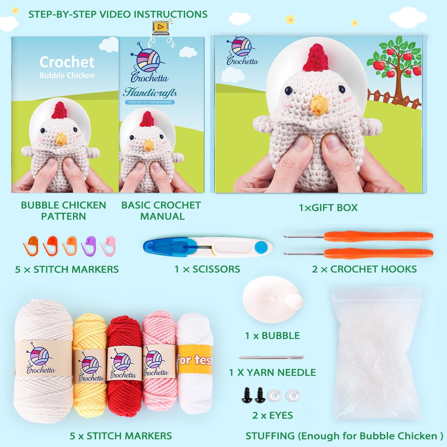 Crochetta Crochet Kit for Beginners, Squeeze Bubble Amigurumi Crocheting Kits w Step-by-Step Video Tutorials, Knitting Starter Supplies for Adults Kids, Anxiety Relief Bubble Chicken (40%+ Yarn)
