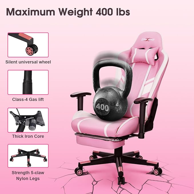 Douxlife 7-Point Massage Gaming Chair, 175° Gaming Recliner with Footrest Ergonomic Computer Office Chair High Back Video Game Chair with Lumbar Support, Upgraded Version Pink