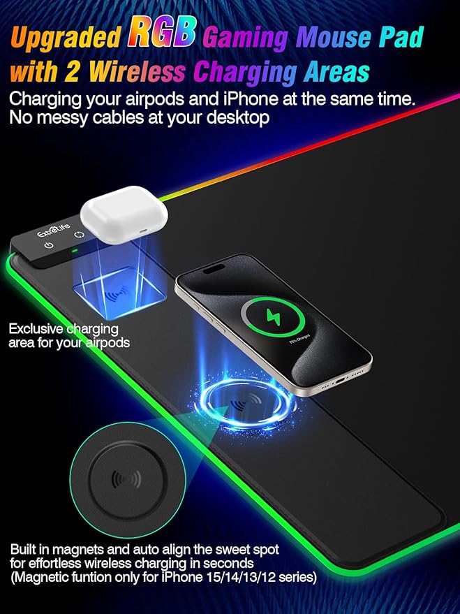Wireless Charging Mouse Pad 15W, RGB Gaming Mouse Pad with Wireless Charger for iPhone/Airpods, 31.5"x15.7" XXL Large Desk Mat, 13 Light Modes, Magnetic Charging, Waterproof, Desk Pad for Gamer, Black