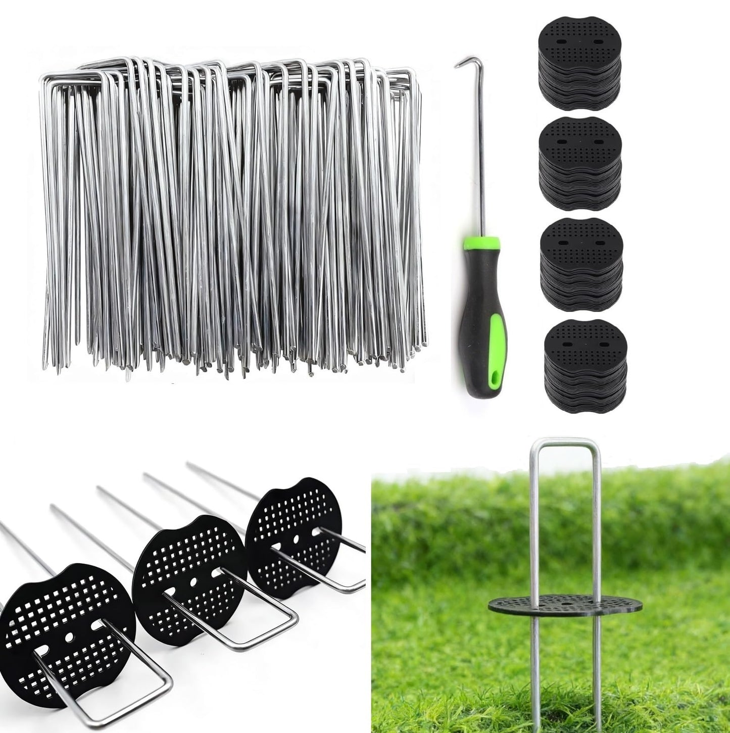 6 Inch 200 PCS Galvanized Landscape Staples with 200 PCS Gasket, Landscape Fabric Pins Stakes Lawn Ground Cover Graden Staples Spikes Weed Barrier Stakes