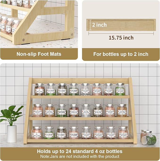 3-Tier Spice Rack Organizer for Cabinet,Bamboo Tiered Spice Rack for 24 Spice Jars(4 oz),Spice Shelf for for Kitchen Countertop,Seasoning Rack,17.5" L x 8.3" W x 9.4" H