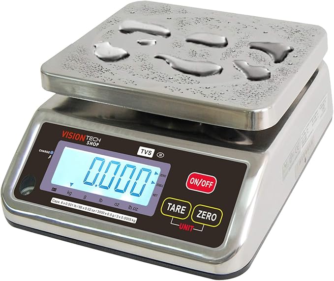 VisionTechShop TVS Portion Control Stainless Steel Washdown Scale, Lb/Oz/Kg/g Switchable, Low Profile Design, 6lb Capacity, 0.001lb Readability, Single Display, NTEP Legal for Trade, NSF Certified
