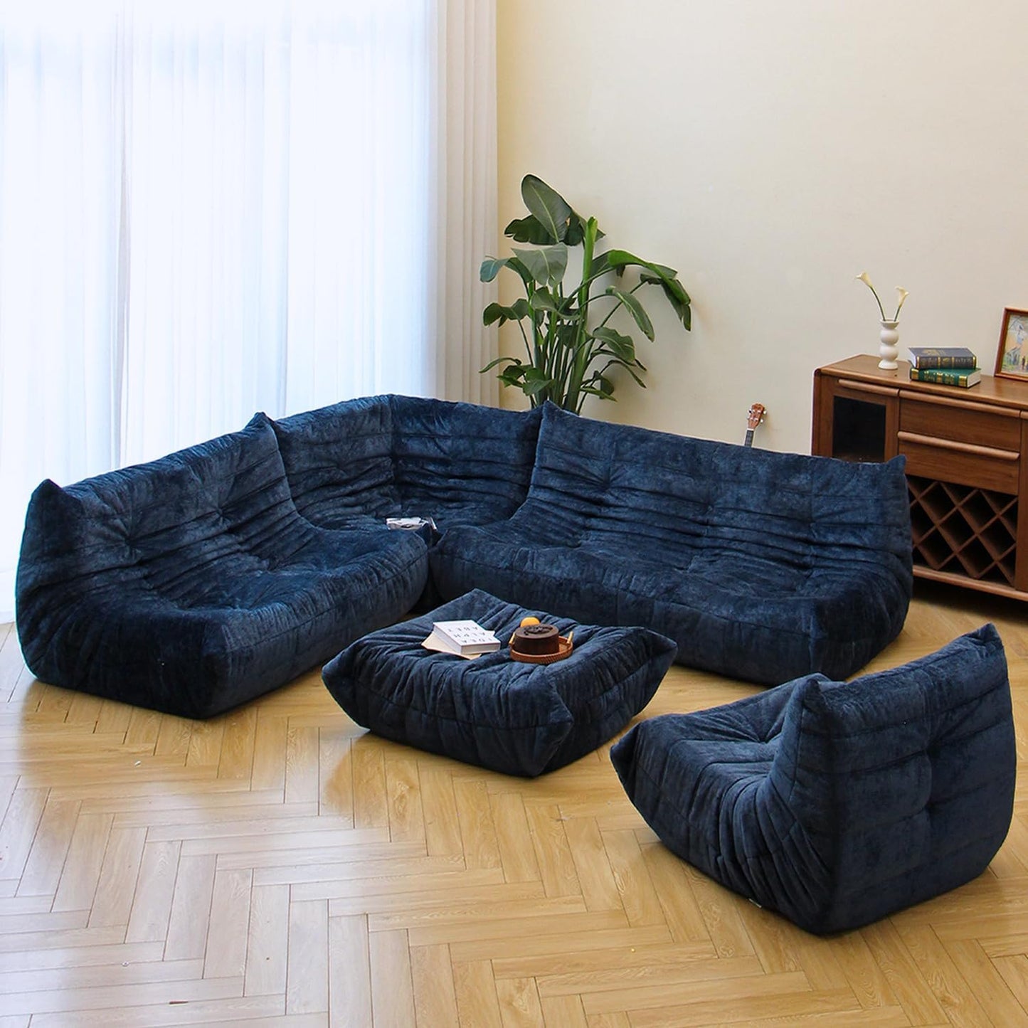 N&V Ottoman, Mid Century Armless Floor Sofa, Soft Premium Chenille Floor Lounge Chair, Foam Sofa Accent Chair for Living Room Bedroom and Office (Blue, Ottoman)