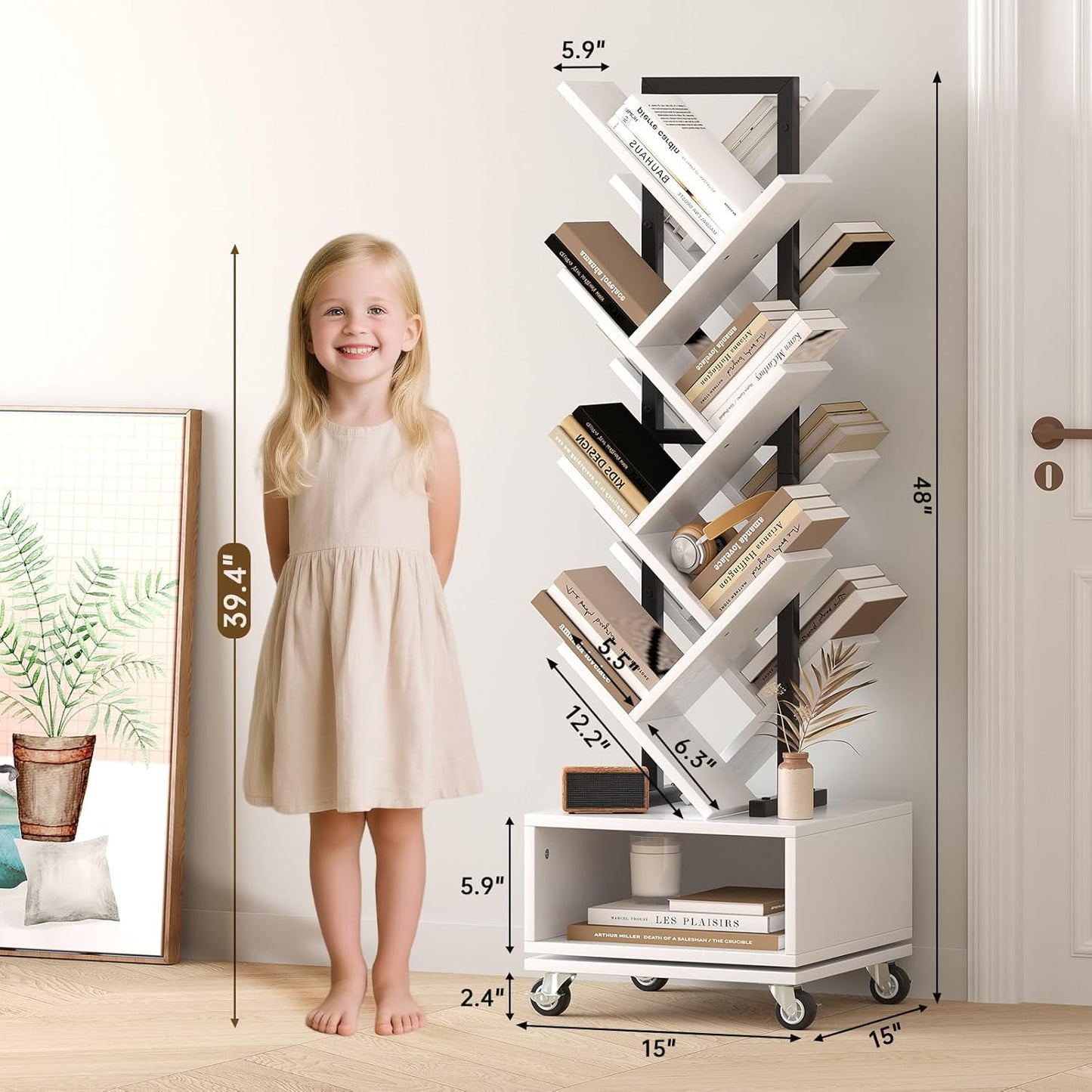 7 Tier Tree-Shaped Rotating Bookshelf, Double Sided, Small Bookcase with Storage Cabinet, Modern Tall Narrow Bookshelves Organizer, Floor Standing Book Shelf for Bedroom/Living Room, White