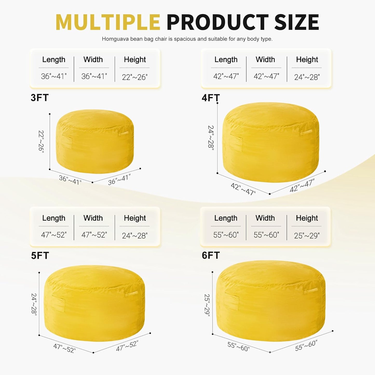 Homguava 3FT Bean Bag Chair: 3' Bean Bags with Memory Foam Filled, Large Beanbag Chairs Soft Sofa with Dutch Velvet Cover-Mustard