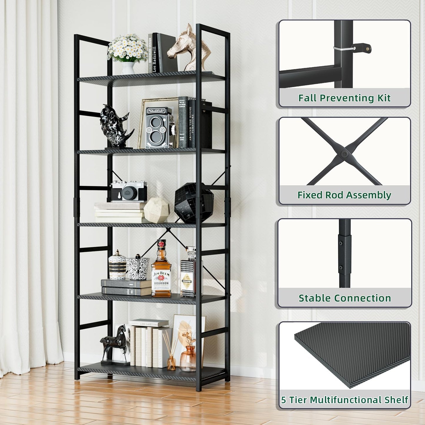 OTK 5 Tier Bookshelf, Tall Bookcase, Office Shelf Storage Organizer, Modern Book Shelf for Living Room, Bedroom, and Home Office, Carbon