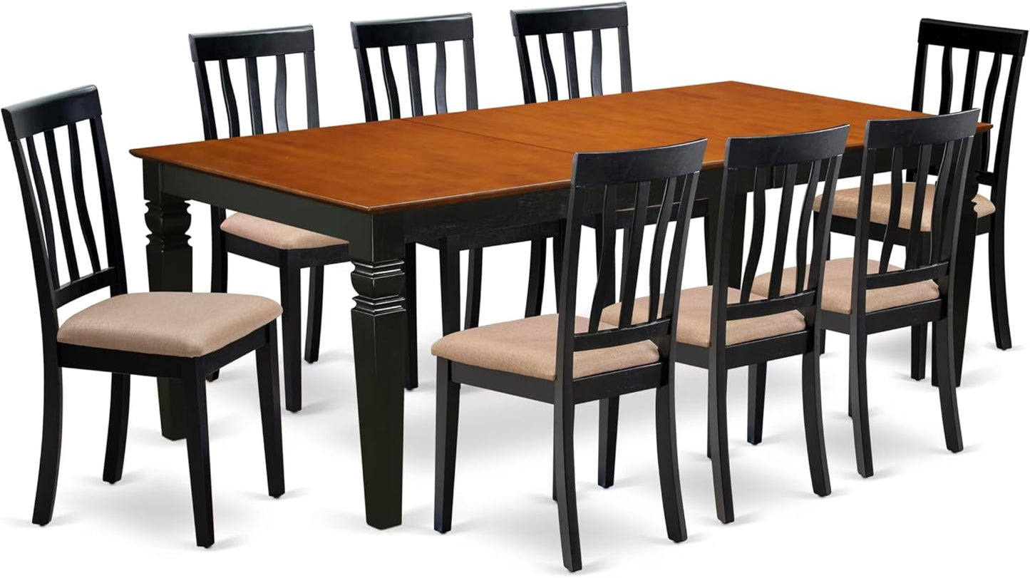 East West Furniture LGAN9-BCH-C 9 Piece Dining Set Includes a Rectangle Dining Room Table with Butterfly Leaf and 8 Linen Fabric Upholstered Chairs, 42x84 Inch, Black & Cherry