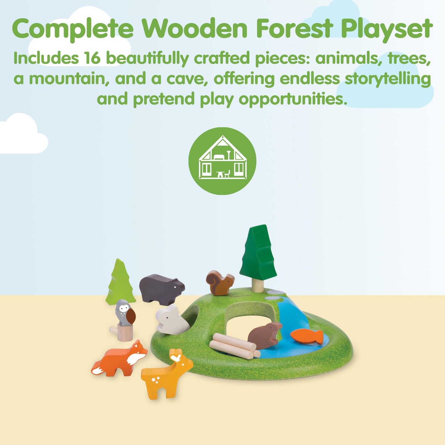 PlanToys® Wooden Animal Toy Set for Toddlers | 16 Pcs Montessori Forest Playset with Trees, Cave, and Mountain | Eco-Friendly Educational Toys for Kids | Open-Ended Nature Pretend Play