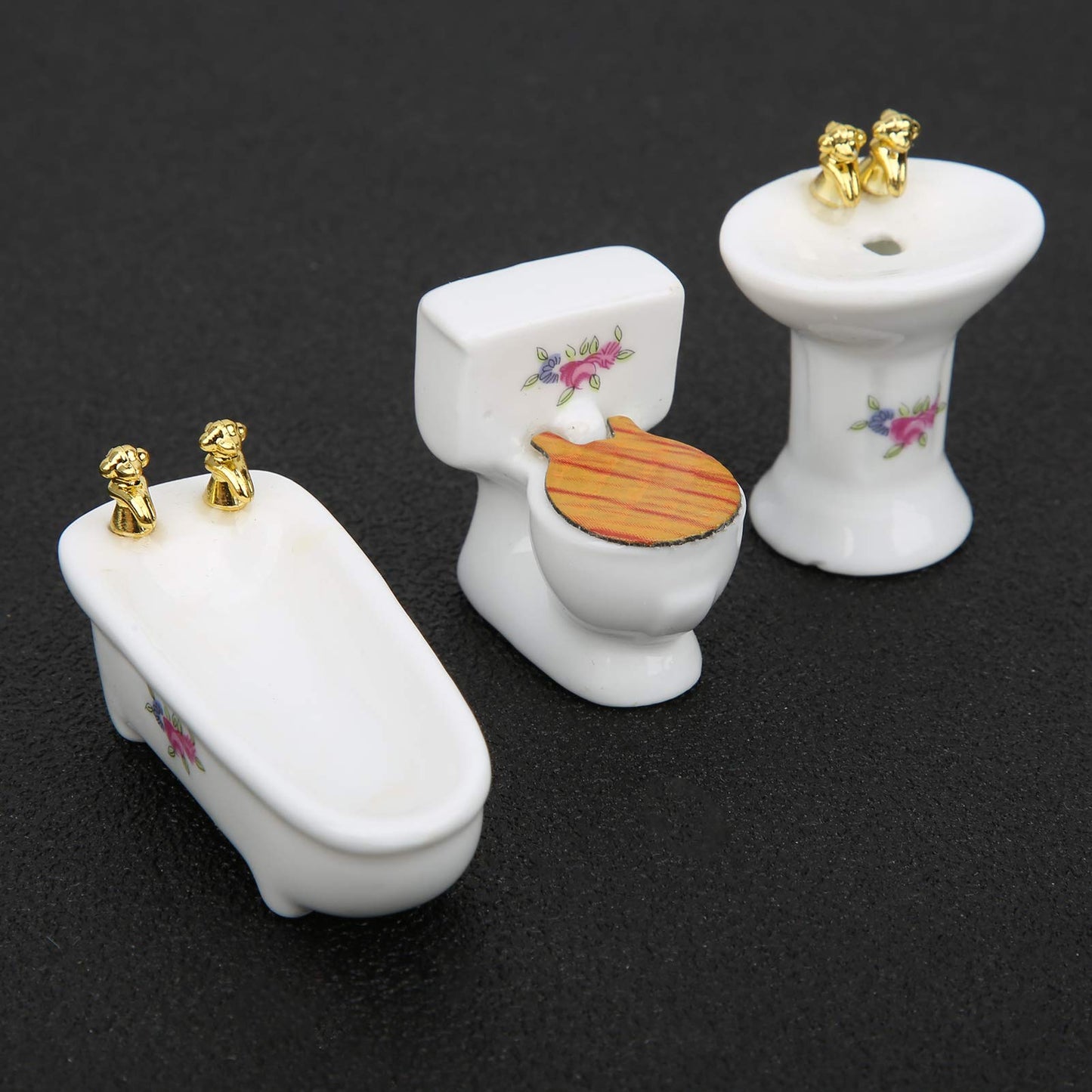 RIZGHWOY 1/24 Dollhouse Miniature Bathroom Set, Ceramic Bathtub Toilet Sink Kit with Exquisite Design, for Doll House Bathroom Scene (Rose)
