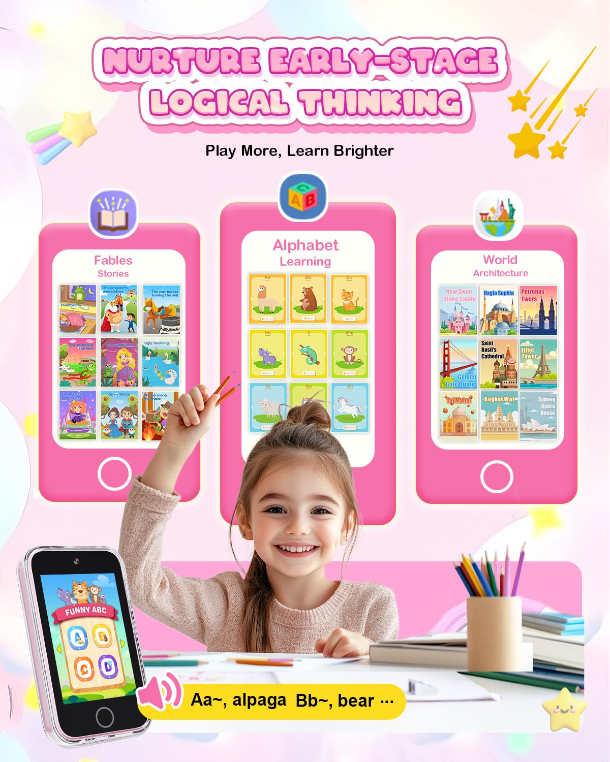 Kids Smart Phone for Girls, 3.5'' Touchscreen Kid Phones Toys for Girls 3 4 5 6 7 8 Years Old, Christmas Birthday Gift for Ages 3-8, Toddler Phone with Dual Camera, Music Player, Game, Habit Tracker