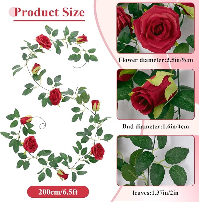 U'Artlines 5 Pack Artificial Red Rose Vines Floral Garlands Total 32.5 Ft Fake Vine Silk Flower Garland for Indoor Outdoor Home Wedding Arch Garden Wall Decoration