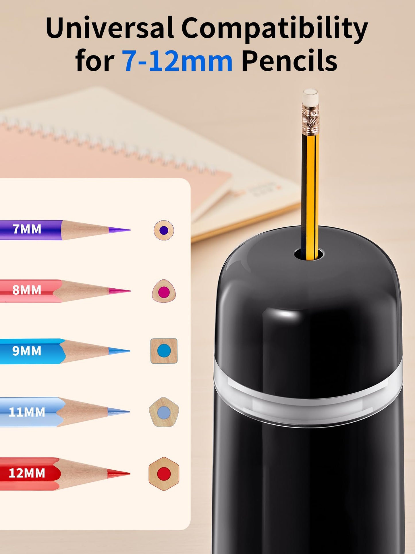 JARLINK Automatic Electric Pencil Sharpener - Hands-Free Operation, 3 Sharpness Modes, 3-Second Sharpening, Rechargeable & Portable for 7-12mm Pencils, Ideal for Classroom and Home Use (Black)
