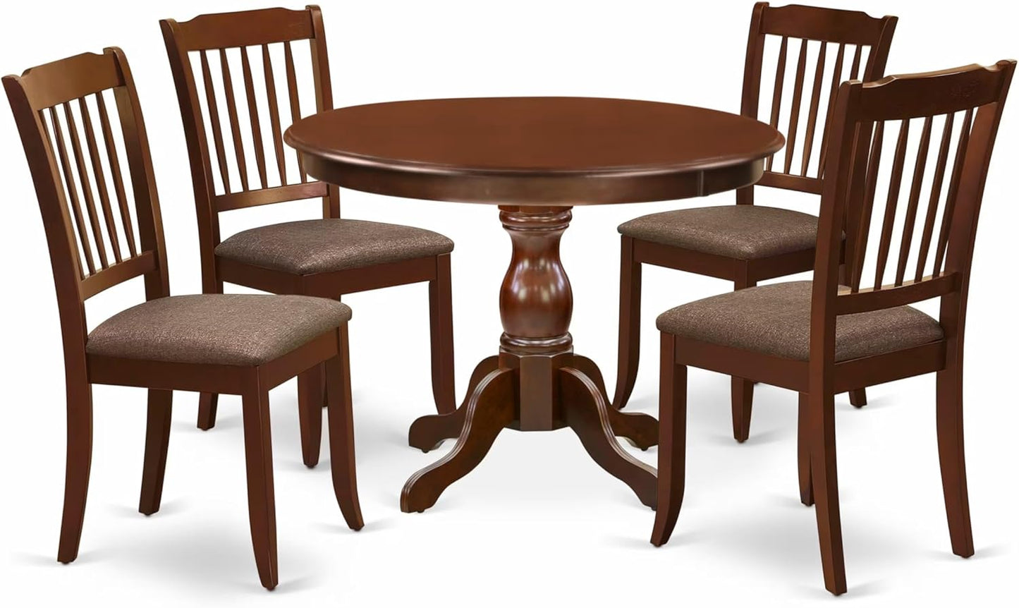 East West Furniture HBDA5-MAH-C 5 Piece Dinette Set for 4 Includes a Round Dining Room Table with Pedestal and 4 Linen Fabric Kitchen Dining Chairs, 42x42 Inch, Mahogany