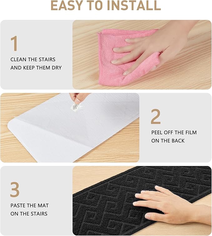 Stair Treads for Wooden Steps, 8" X 30" Non Slip Stair Runner Carpet Indoor with Reusable Adhesive Backing, Soft Tread Mat for Stairs, Ideal for Home, Polyester TPR Backing Stair Rugs-Black 15 Pack