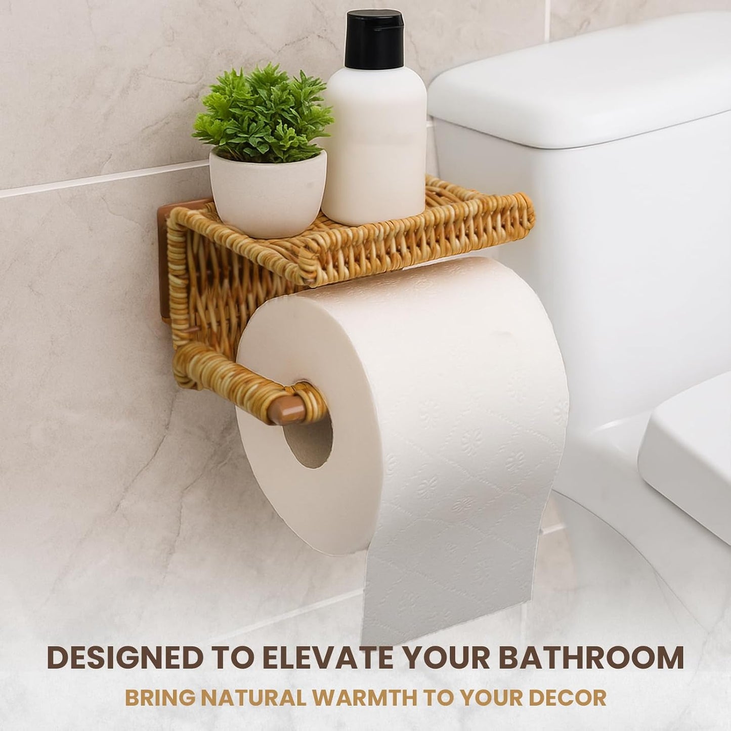 Synthetic Rattan Toilet Paper Holder with Shelf – Fits Mega Rolls, Boho Bathroom Decor Roll Holder for RV, Washroom, Kitchen – Water-Resistant Woven Tissue Dispenser (Natural, Adhesive Mount)