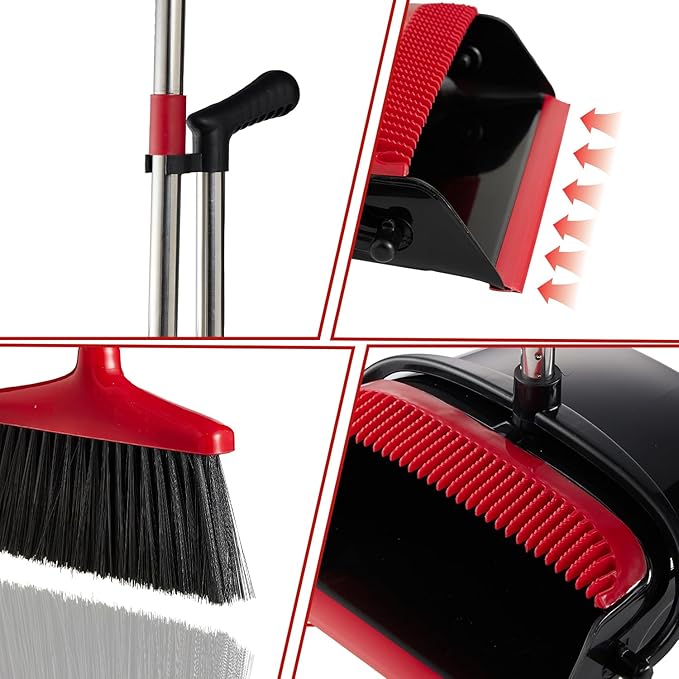 Broom and Dustpan Set Lightweight Upright Lobby Broom and Dust Pan Combo with Long Handle Outdoor Indoor for Home Kitchen Room Office (Red and Black)