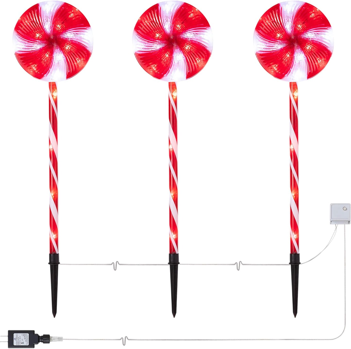 Alpine Corporation | 28" H Outdoor Candy Cane Pathway Christmas Stakes — Set of 3 with Multi-Function Red & White LED Lights — Festive Holiday Yard Decor