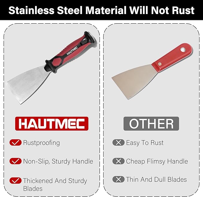 HAUTMEC 2pc Putty Knife Set, 2.5 in Straight and 3 in Offset Scrapers, Heavy Duty Stainless Steel Blade and Hammer End for Removing Wallpaper, Applying Putty, Plaster, Cement HT0061-PT
