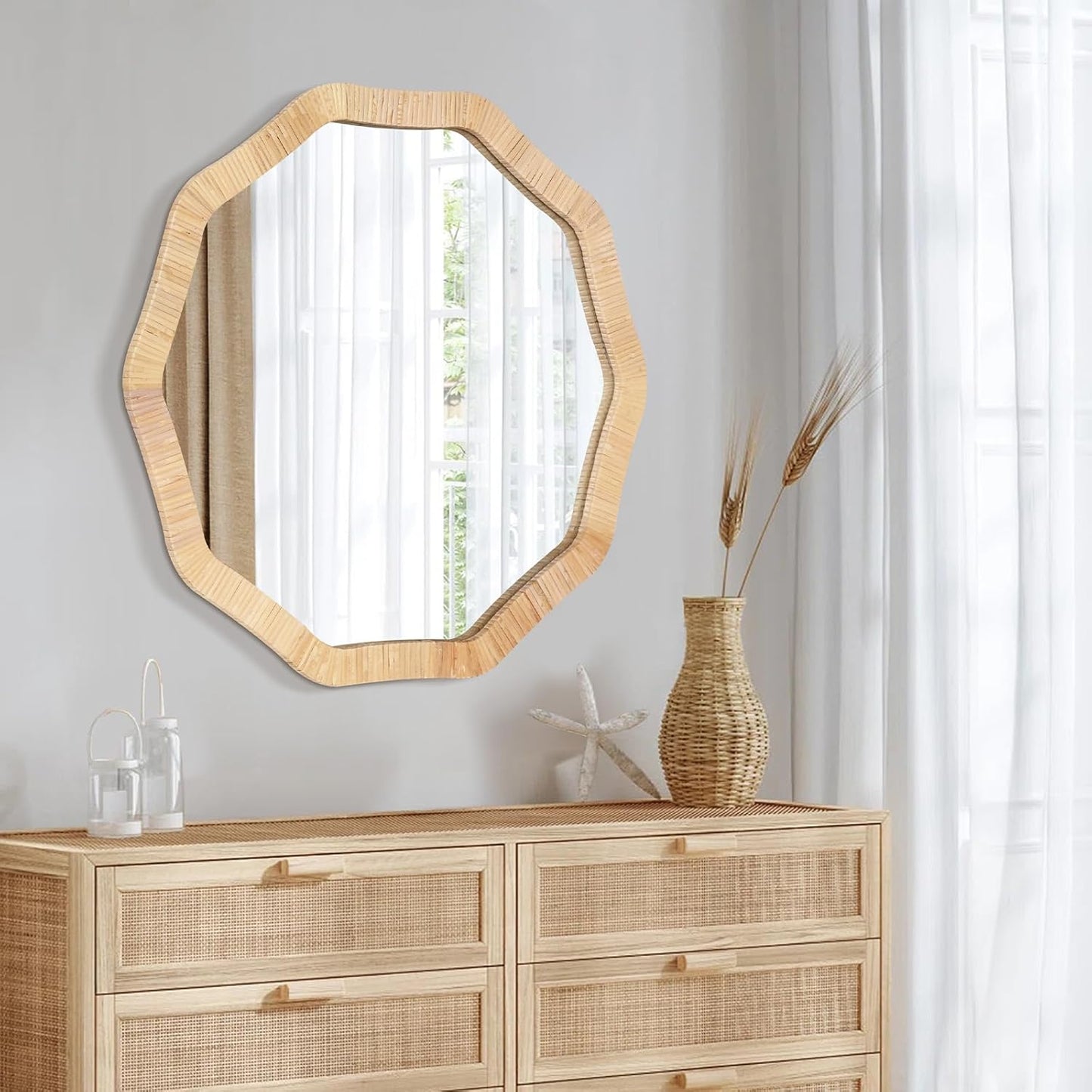 ULIKE Rattan Mirror for Wall, Bathroom 30 Inch Rustic Farmhouse Wall Decor with Handmade Wicker Frame, Boho Woven Mirror for Nursery Bedroom Living Room Entryway
